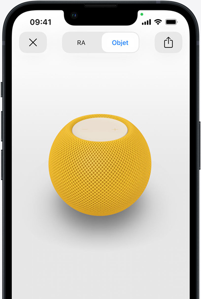 HomePod jaune en RA sur l’écran d’un iPhone.