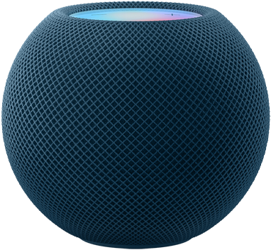 Le mot « mini » est inscrit en lettres pixelisées, animées et colorées au-dessus d’un HomePod mini bleu.