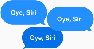 Three blue speech bubbles all say “Hey, Siri.”