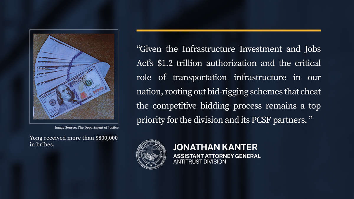 photo of money (image source: The Department of Justice). Yong received more than $800,000 in bribes. "Given the Infrastructure Investment and Jobs Act's $1.2 trillion authorization and the critical role of transportation infrastructure in our nation, rooting out bid-rigging schemes that cheat the competitive bidding process remains a top priority for the division and its PCSF partners."-Antitrust AAG Jonathan Kanter