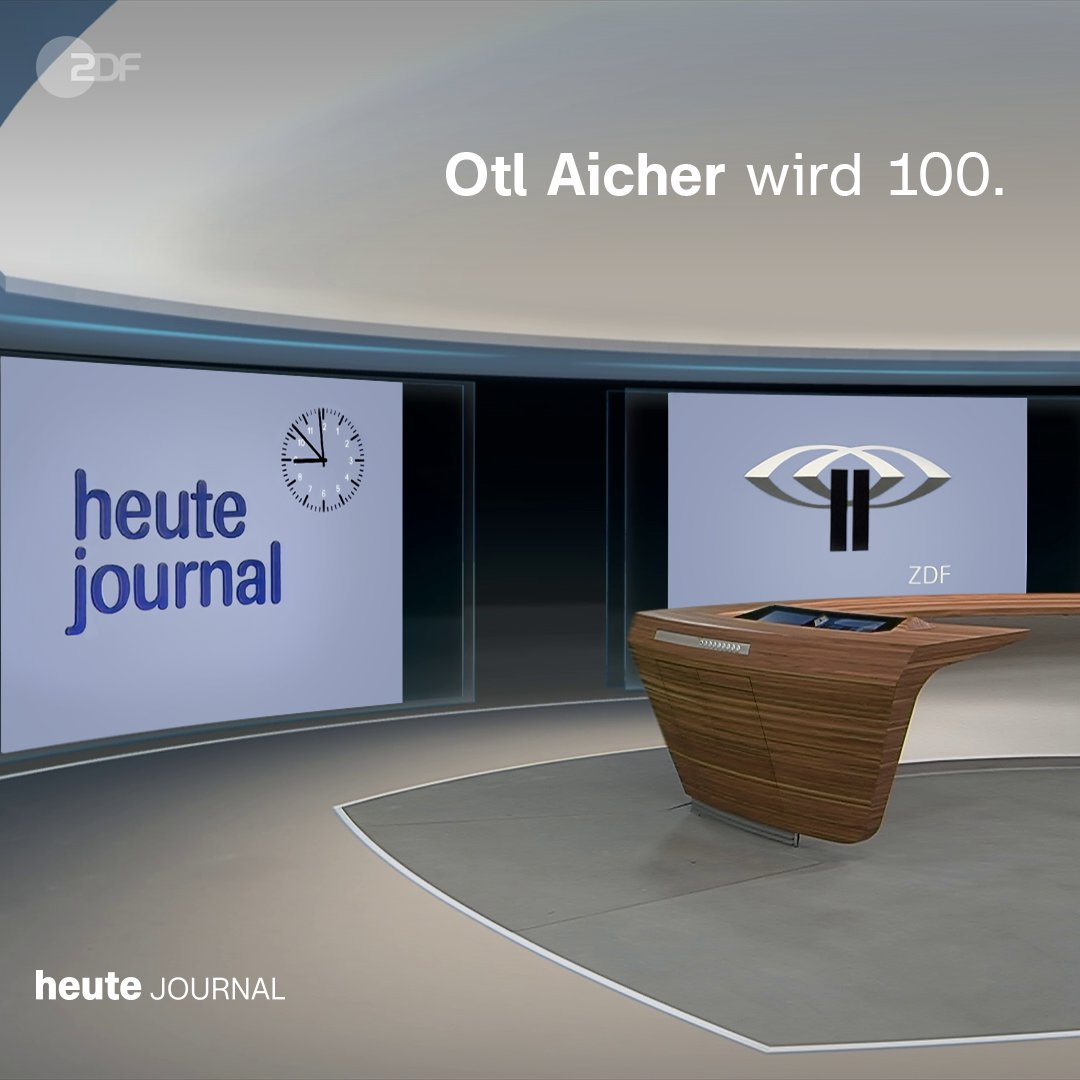 Bild von der Facebook-Seite des ZDF: Zu sehen ist, das heute-journal Studio und im Hintergrund sieht man das alte heute-journal Logo, dass Otl Aicher entworfen hatte. Das Wort "heute-journal" erscheint in dunklem Blau und der Hintergrund ist hellblau. Im Hintergrund ist ein weiteres schwarz-silbernes Logo zu sehen. 