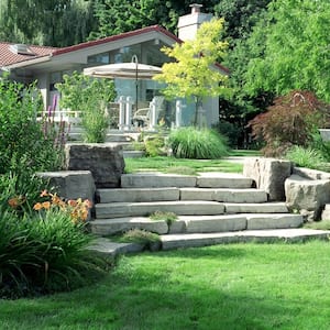 A landscaped garden with stone steps