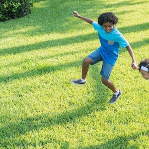 A sister and brother playing together on the lawn of their garden