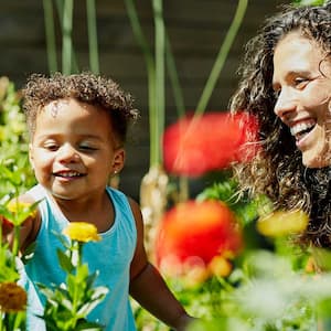 Mother and son in garden