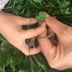  A mother and a daughter holding a clover in their garden