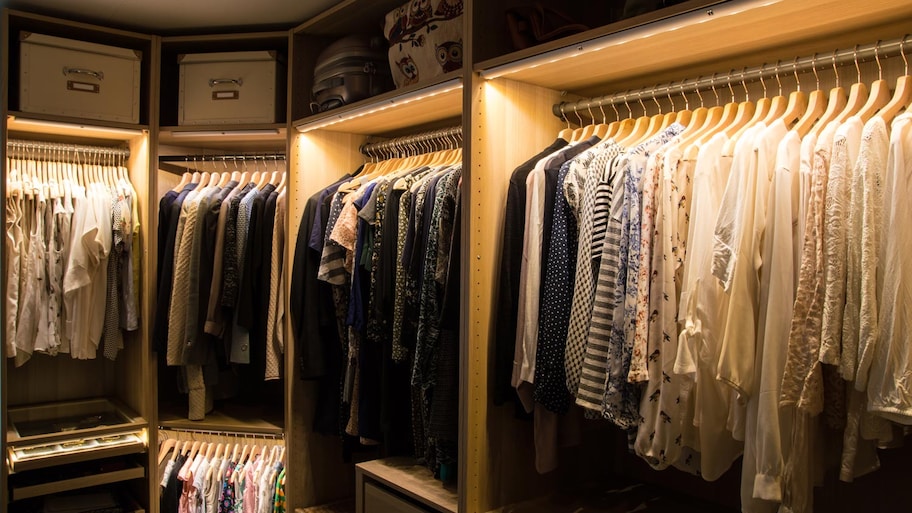 A moody closet with pockets of light