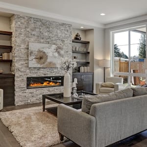 A living room with a fireplace 