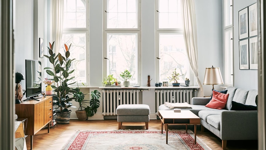 A bright living room with large windows