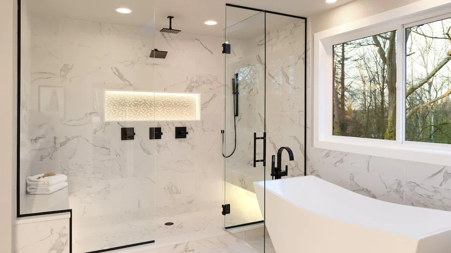 Walk in shower with white marble