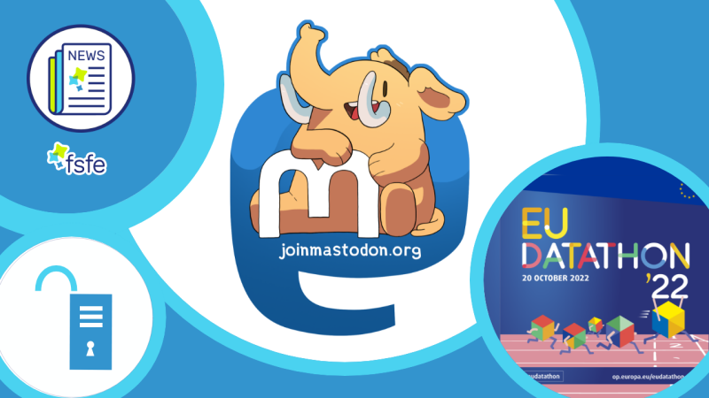 three illustrations: a phone-like device looks like a lock that has been opened, a happy cartoon mastodon, EU datathon banner