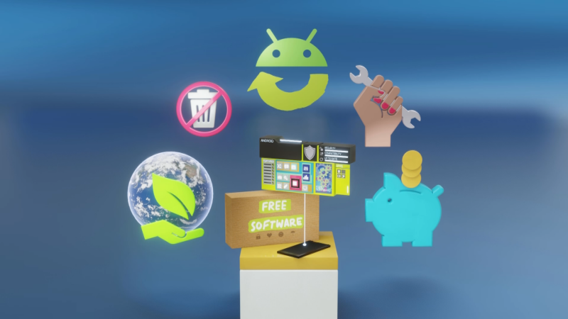 Free Software box sorrounded by a Globe with green hand and leaf, a no wast sign, Upcycling Android logo, an hand with a wrench, and a piggy bank