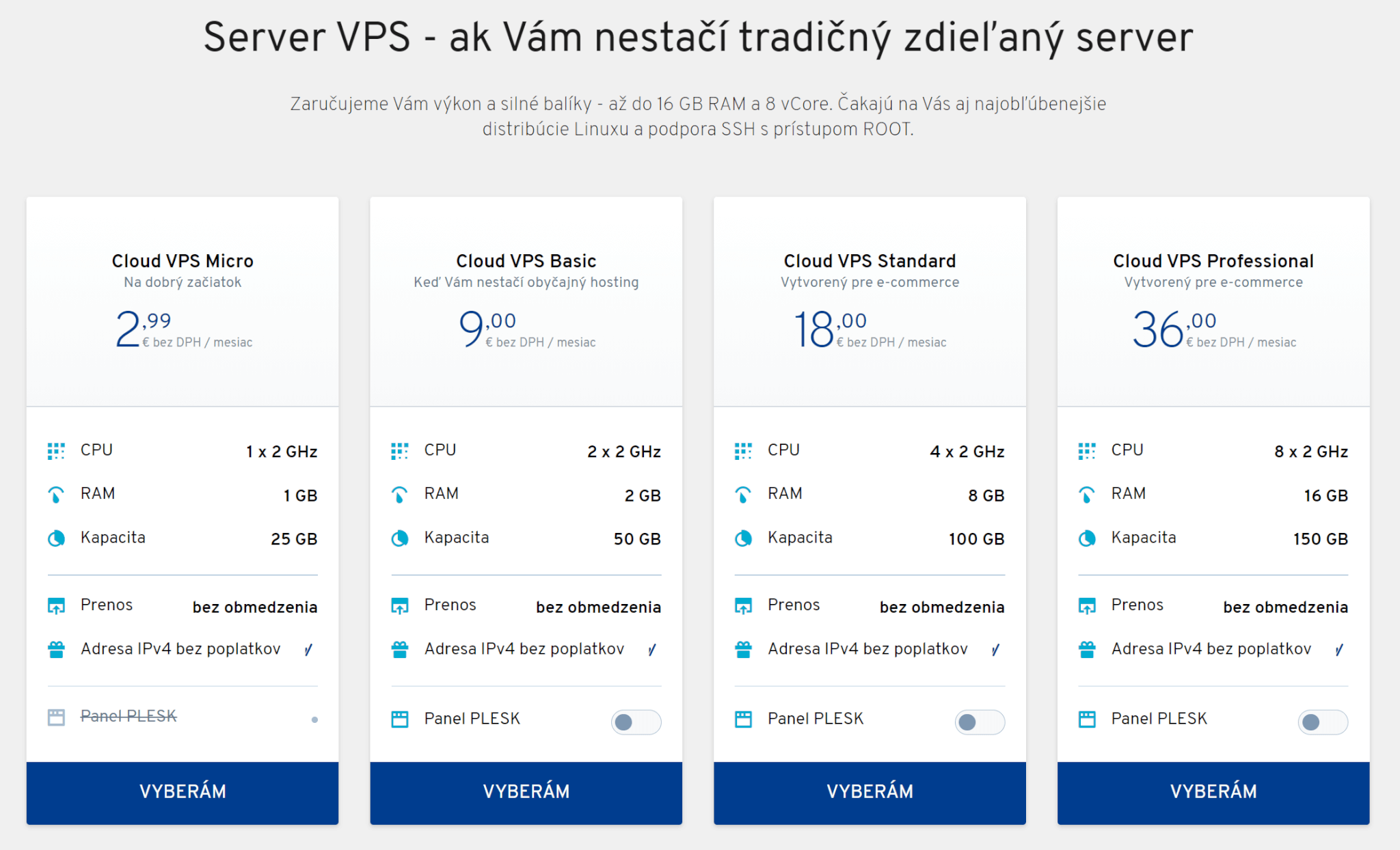 Ponuka VPS servera (platná v čase písania článku)