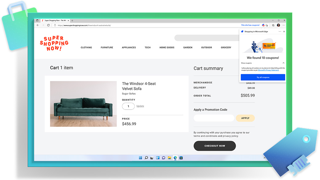 Microsoft Edge browser window showing a shopping webpage and Coupons feature