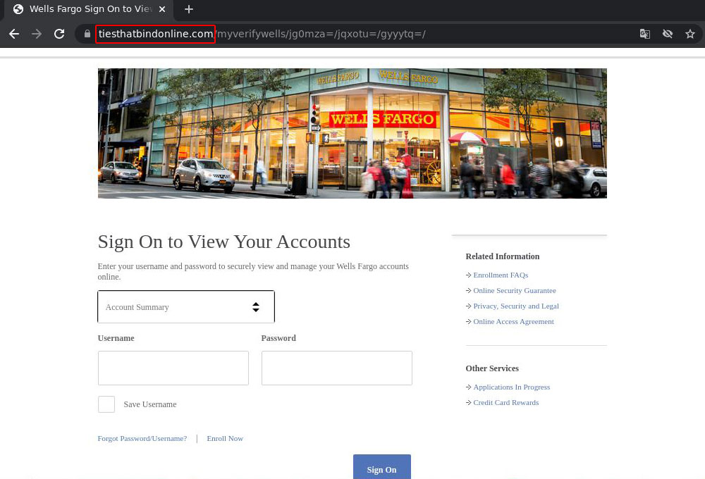 Sitio de phishing que se hace pasar por Wells Fargo