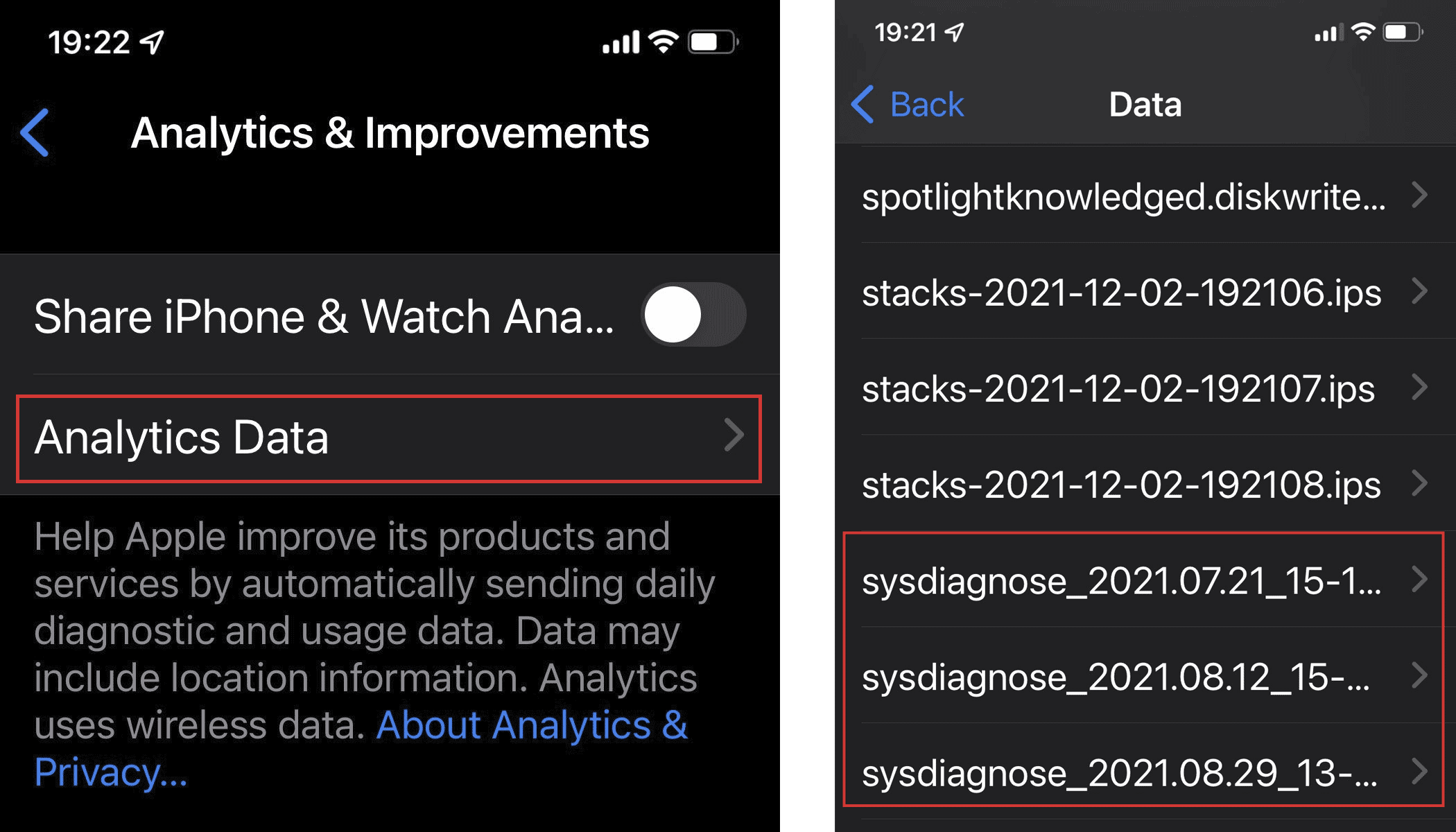 iPhone設定内［解析および改善］内のsysdiagnoses（英語版インターフェイス）