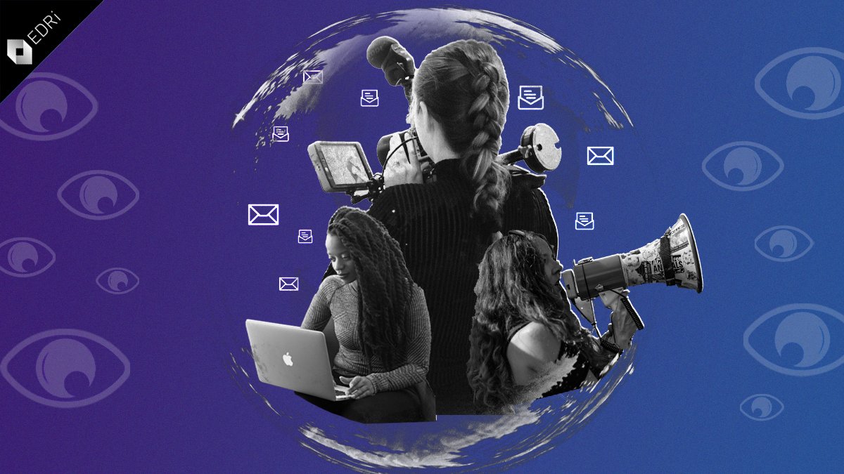 A camerawoman, a woman protesting and a woman using her laptop are inside a bubble, where message and e-mail icons can be seen. Outside the bubble, multiple eyes are spying on the group.