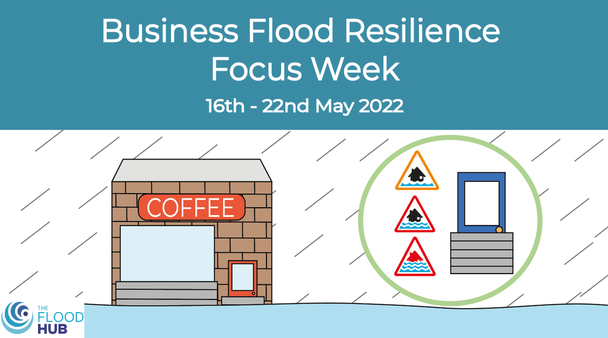 Graphic of coffee shop under threat from flood with text 'Business Flood Resilience Focus Week 16th-22nd May'