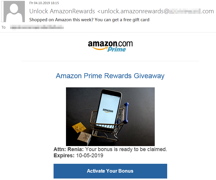 You're supposedly entitled to a bonus from Amazon, but you'll have to go to a phishing site to get it