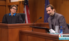 Cecily Strong and Kyle Mooney appearing in a "Saturday Night Live" sketch as Judge Penney Azcarate and Johnny Depp, respectively.