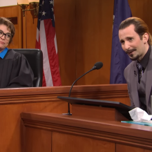 Cecily Strong and Kyle Mooney appearing in a "Saturday Night Live" sketch as Judge Penney Azcarate and Johnny Depp, respectively.