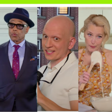 A composite of Gillian Anderson, Lisa Kudrow, Anthony Carrigan, Adam Scott and Giancarlo Esposito in a sketch.