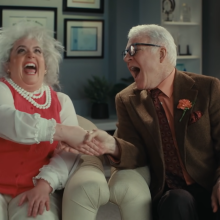 Aidy Bryant and Steve Martin appear together in a "Saturday Night Live" sketch.