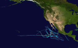 A map of the Pacific Ocean depicting the track of 17 tropical cyclones.
