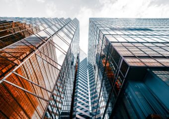 View of high-rise buildings from the street level of the Financial District.