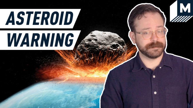 Text reading "asteroid warning" with host standing in front of asteroid 