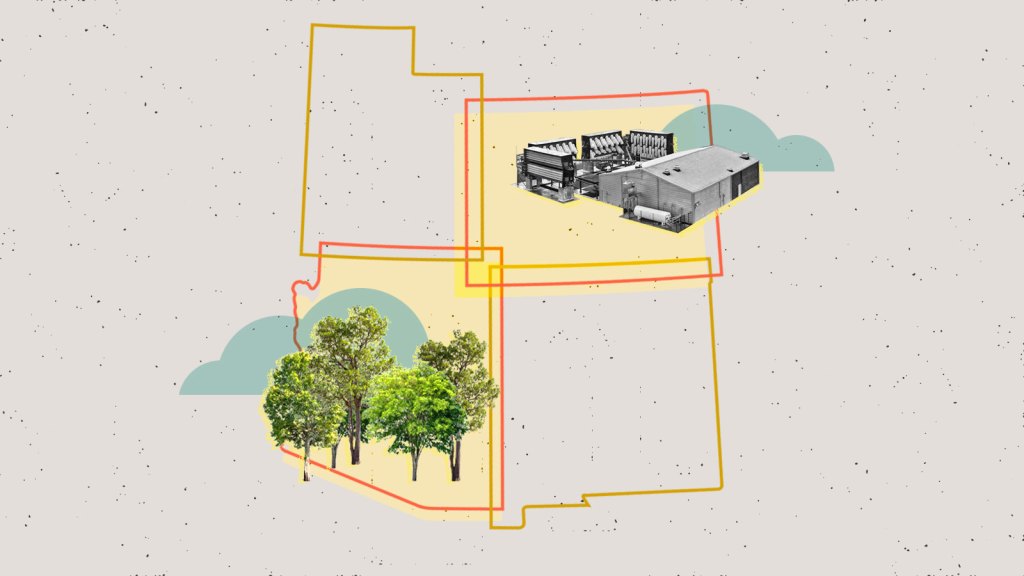 Collage of outlines of Utah, Colorado, New Mexico, and Arizona with trees and a carbon removal facility on top