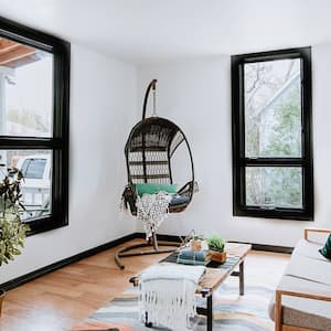 Bright living room with black trim