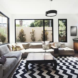 Living room with black windows