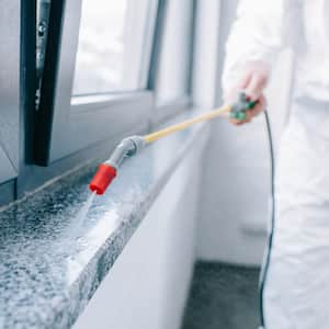 worker in white protective suit spraying pest repellant on window sill