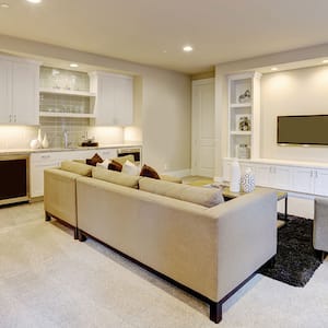 Basement living room with wet bar