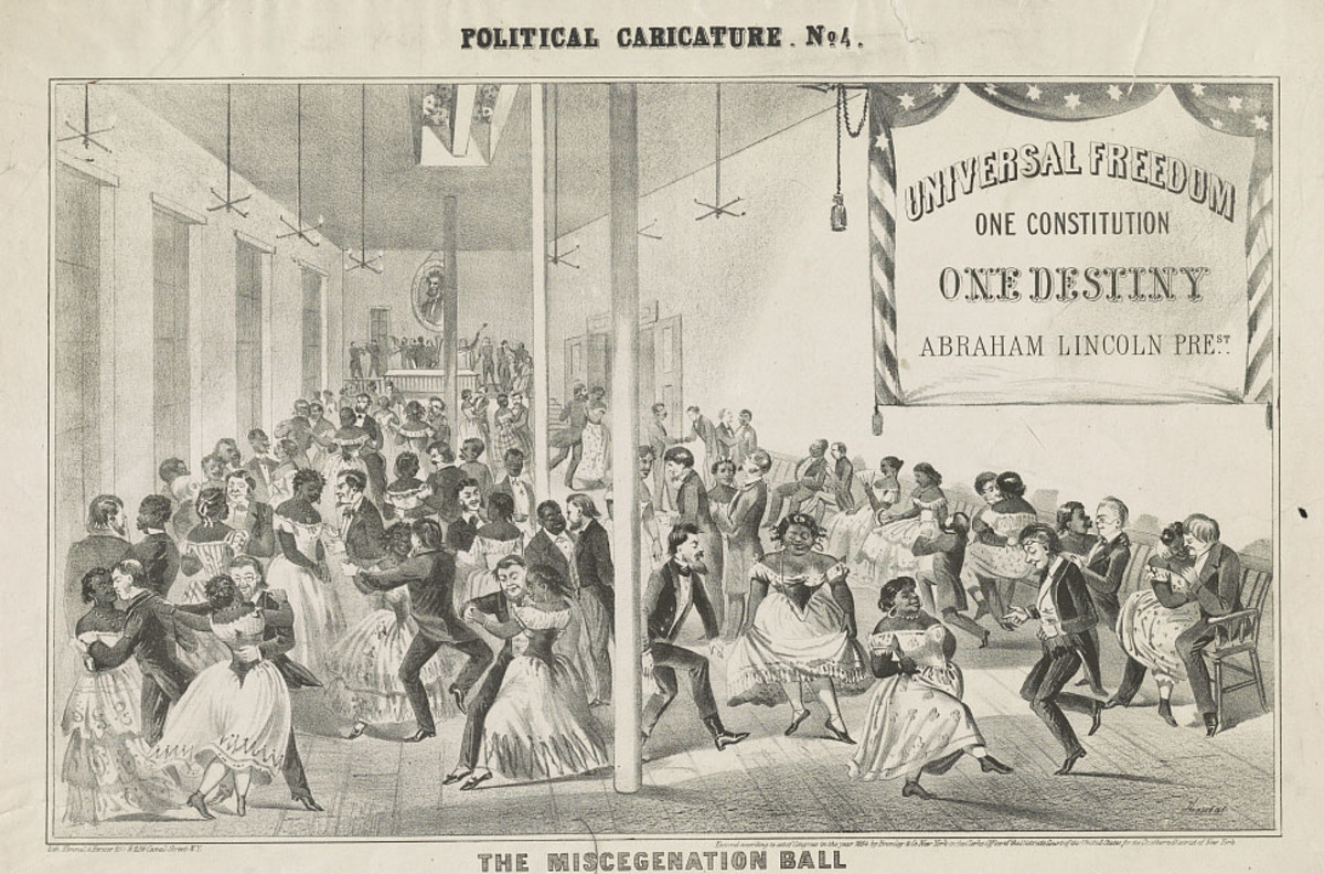 A racist political cartoon depicting a fictional “Miscegenation Ball" at the Headquarters of the Lincoln Central Campaign Club, circa 1864.