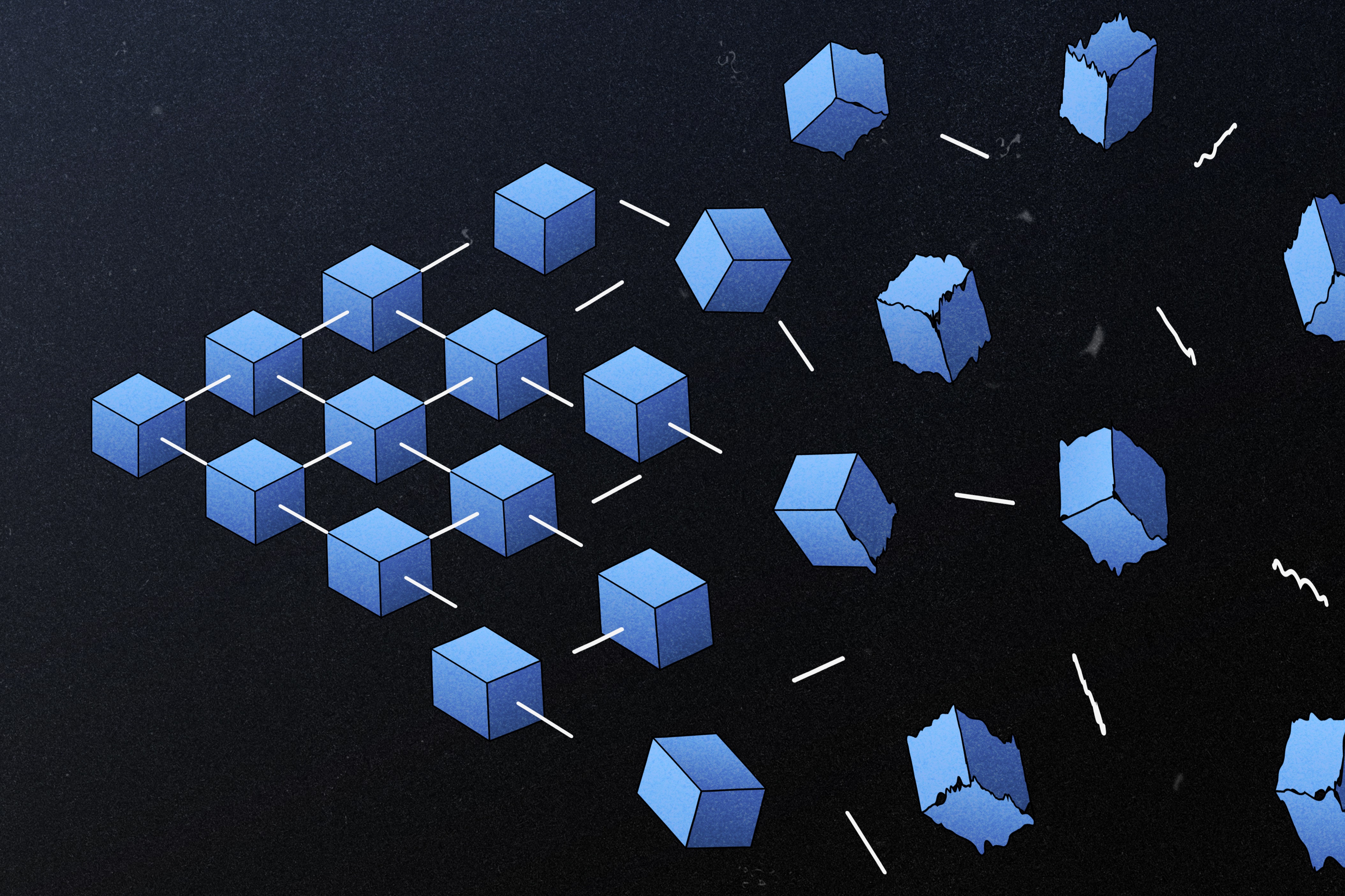 Illustration of a network of cubes morphing from organized to chaotic.