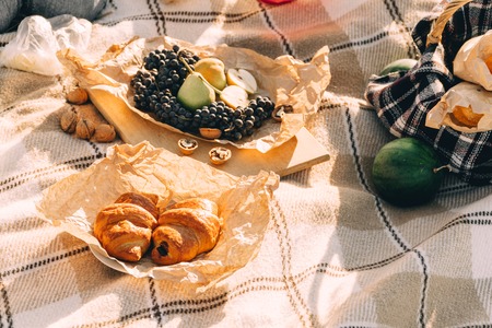 Summer Picnic at sunset on the plaid, food and drink conception lifestyle