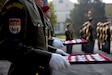 A Czech Republic soldier prepares to present awards during a during a ceremony in Prostejov, Oct. 25, 2019, marking a successful six-month tour to Western Afghanistan. During the ceremony, Special Forces Soldiers from the Czech Republic and Texas Army National Guard received awards, distinctions and badges of honor as an appreciation for their successful service abroad and excellent representation of their homeland. The Texas Military Department and the Czech Republic have participated in the U.S. Department of State’s Partnership Program cooperation since 1993 with the Nebraska National Guard, in support of the U.S. European Command Theater Security Cooperation Strategy. (U.S. Army photo by Staff Sgt. Elizabeth Pena)