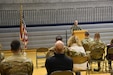 Lt. Col. Jeremy Stevenson, commander of the 141st Military Intelligence Battalion, speaks during the farewell ceremony for a detachment of 24 Soldiers from the 141st MI at the Utah National Guard’s Orem Readiness Center Dec. 10, 2020, as they prepare to depart for an overseas deployment. The deploying detachment is comprised of human intelligence and counterintelligence Soldiers and tasked to provide force protection support to ground forces during a 12-month deployment in the U.S. Central Command area of operations.(U.S. Army Photo by Sgt. 1st Class John Etheridge)