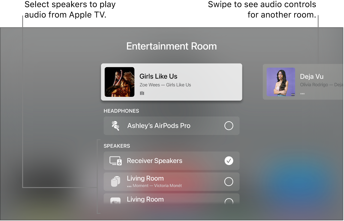 Apple TV screen showing Control Center audio controls