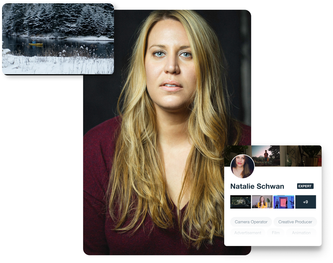 Left: Kayaker paddling down a snowy lake. Center: Woman looking into camera. Right: Vimeo Experts profile