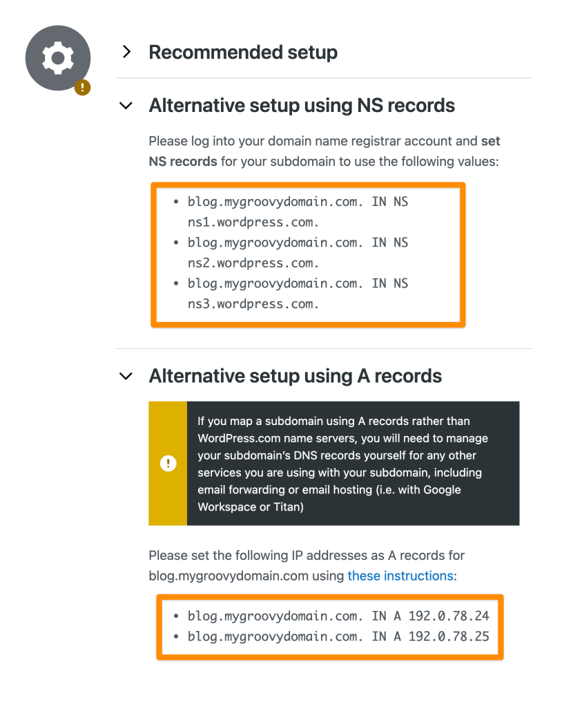 NS and A records to connect a sub-domain.