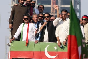 <p>Pakistan’s former prime minister Imran Khan addresses supporters in Islamabad on Thursday  </p>