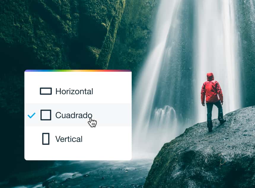 Un senderista está parado con una cascada detrás. Un mouse de computadora pasa por encima de las opciones de relación de tamaño, horizontal, cuadrado y retrato, para la edición.