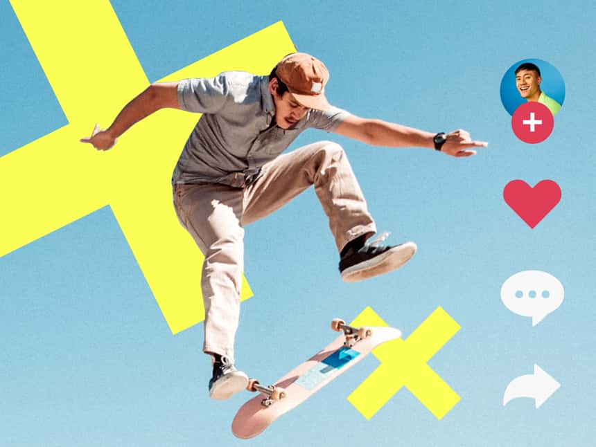 공중에 떠있는 스케이트보더. 두 개의 밝은 노란색 "x"로 채워진 배경과 오른쪽에 있는 소셜 미디어 아이콘.