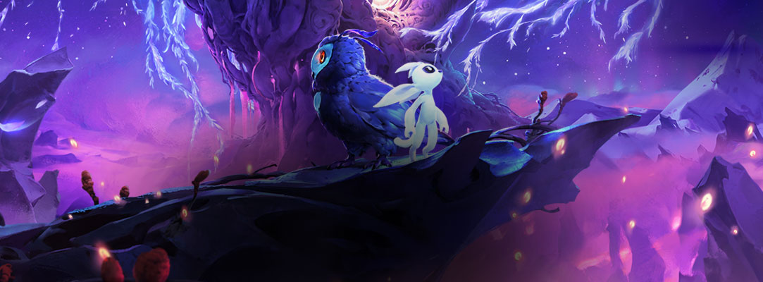 Ori and the Will of the Wisps, Ori stands next to an Owl in front of a fantastical purple tree