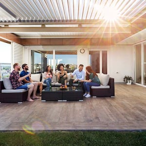 Friends have party on stamped concrete patio