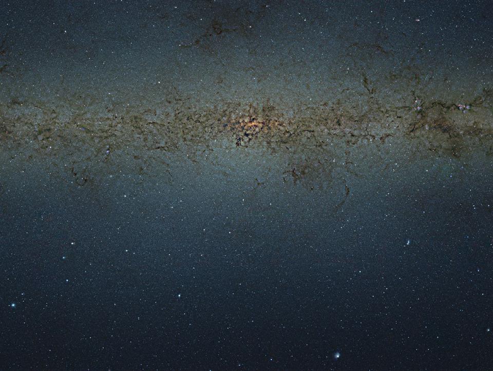 This striking view of the central parts of the Milky Way was obtained with the VISTA survey telescope at ESO’s Paranal Observatory in Chile. This huge picture is 108 200 by 81 500 pixels and contains nearly nine billion pixels. It was created by combining thousands of individual images from VISTA, taken through three different infrared filters, into a single monumental mosaic. These data form part of the VVV public survey and have been used to study a much larger number of individual stars in the central parts of the Milky Way than ever before. Because VISTA has a camera sensitive to infrared light it can see through much of the dust blocking the view for optical telescopes, although many more opaque dust filaments still show up well in this picture. This image is too large to be easily displayed at full resolution and is best appreciated using the zoom tool. Read about the composition of this 9 gigapixel image in this newsletter.