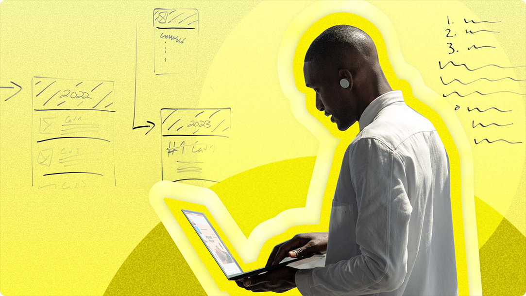 Man navigating his laptop with illustrated yellow background with scribble